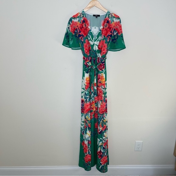Lulus Still In Paradise Green Floral Print Maxi Dress vacation wedding guest - Picture 2 of 16